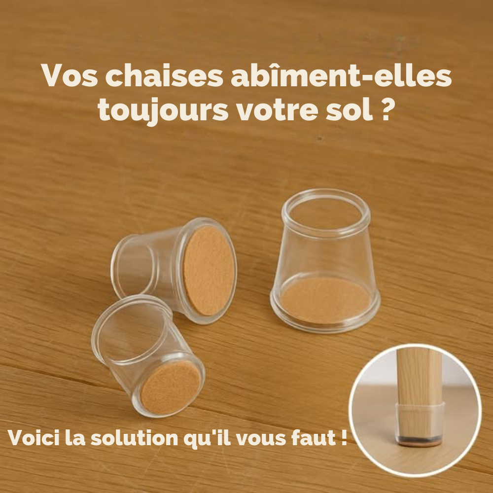 ChaiseFixe™ | Chaussettes invisibles et flexibles pour pieds de chaise – protégez vos sols contre les rayures