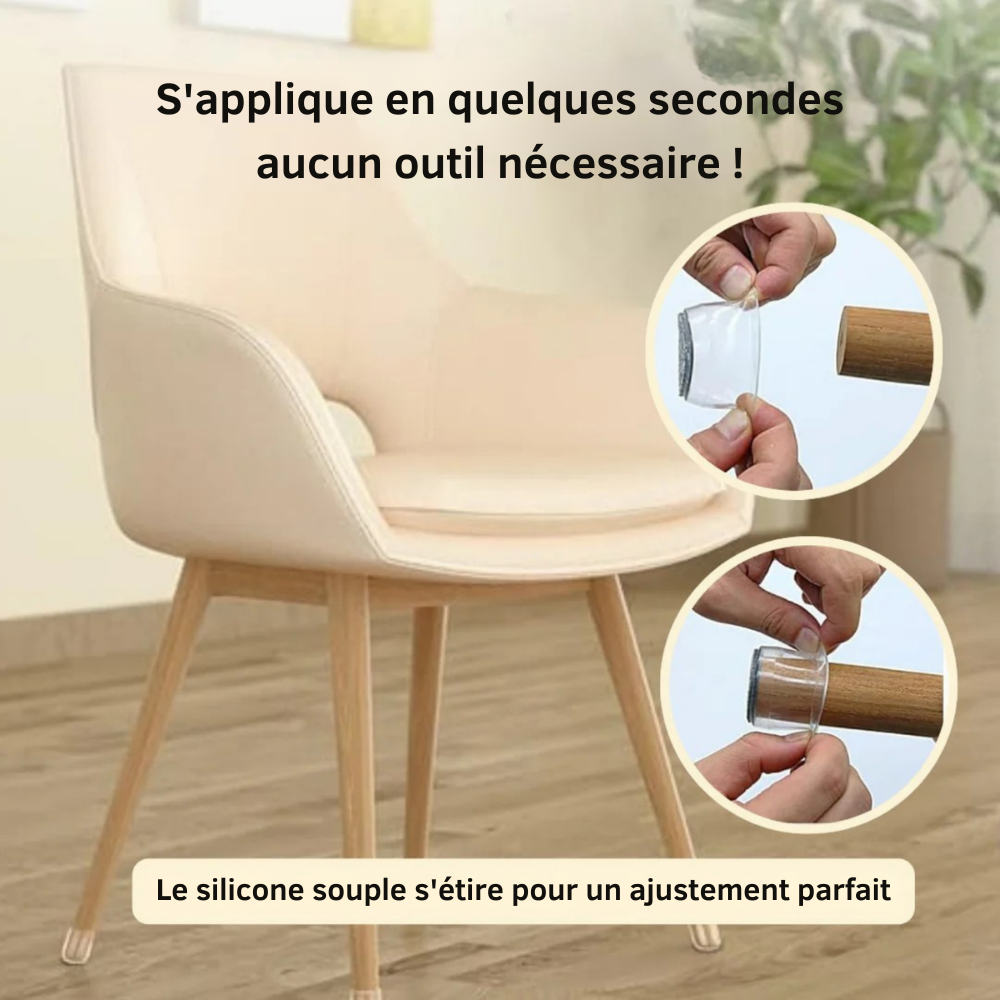 ChaiseFixe™ | Chaussettes invisibles et flexibles pour pieds de chaise – protégez vos sols contre les rayures