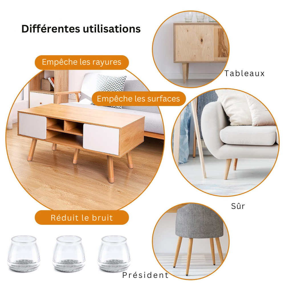 ChaiseFixe™ | Chaussettes invisibles et flexibles pour pieds de chaise – protégez vos sols contre les rayures