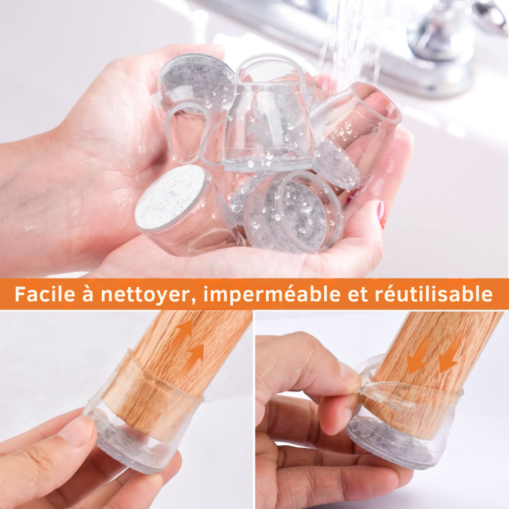 ChaiseFixe™ | Chaussettes invisibles et flexibles pour pieds de chaise – protégez vos sols contre les rayures