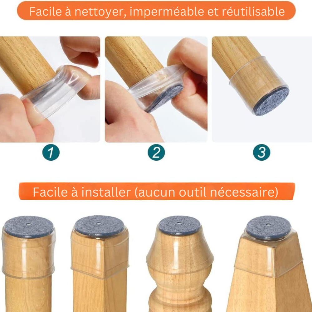 ChaiseFixe™ | Chaussettes invisibles et flexibles pour pieds de chaise – protégez vos sols contre les rayures