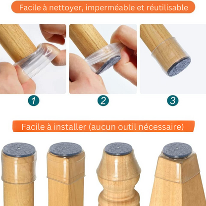 ChaiseFixe™ | Chaussettes invisibles et flexibles pour pieds de chaise – protégez vos sols contre les rayures