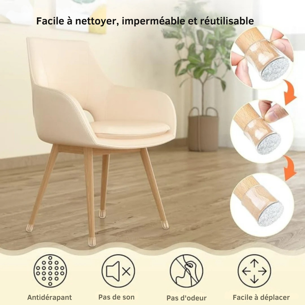 ChaiseFixe™ | Chaussettes invisibles et flexibles pour pieds de chaise – protégez vos sols contre les rayures