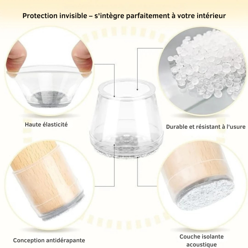 ChaiseFixe™ | Chaussettes invisibles et flexibles pour pieds de chaise – protégez vos sols contre les rayures