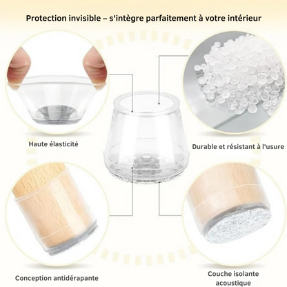 ChaiseFixe™ | Chaussettes invisibles et flexibles pour pieds de chaise – protégez vos sols contre les rayures